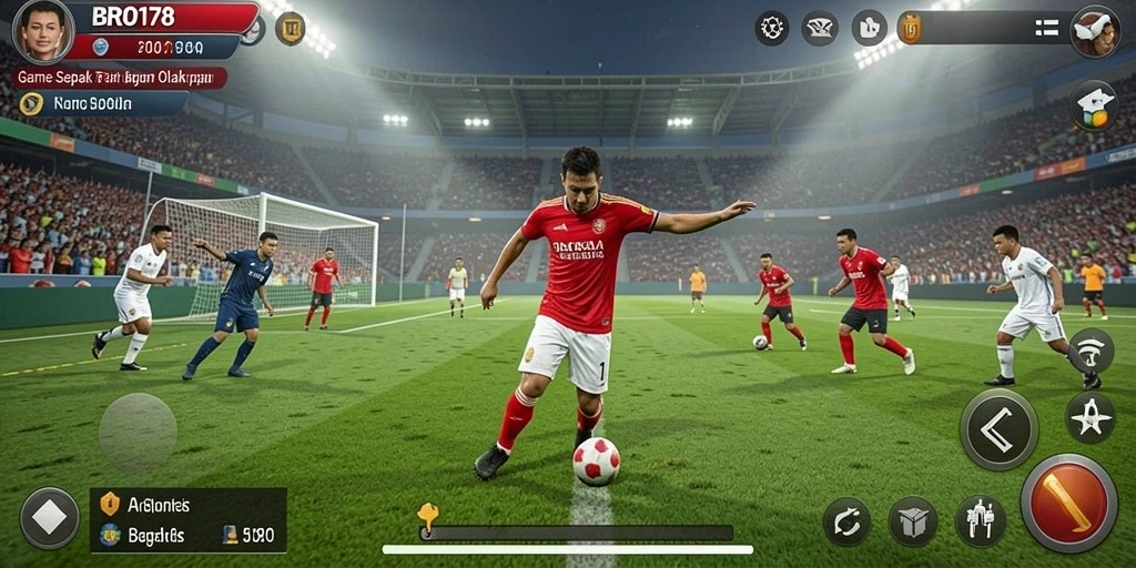 Tampilan gameplay seru dalam BRO178 dengan aksi sepak bola mendebarkan.