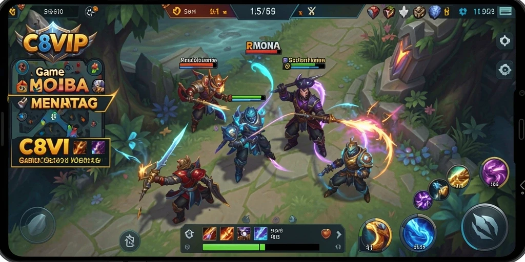 Screenshot menunjukkan aksi seru gameplay MOBA C8VIP.