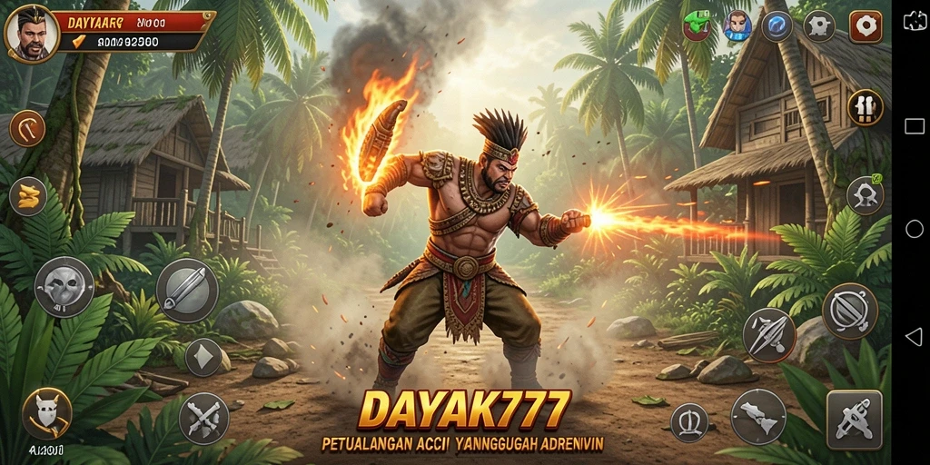 Tangkapan layar menampilkan gameplay aksi yang mendebarkan dari DAYAK777.