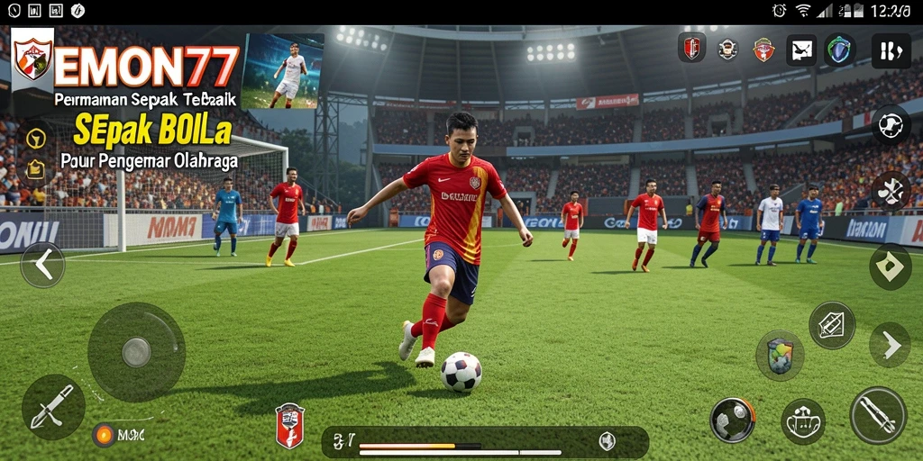 Screenshot utama EMON77 menampilkan aksi seru di lapangan sepak bola.
