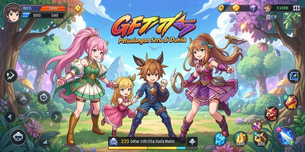 Tampilan utama gameplay GF777 menampilkan karakter anime dalam pertempuran seru.