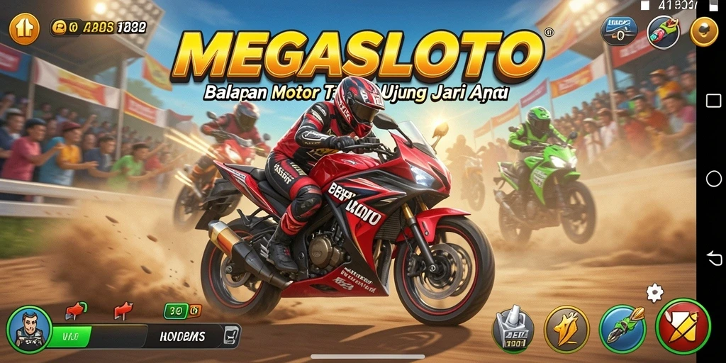 Gameplay MEGASLOTO yang menegangkan saat balapan motor.