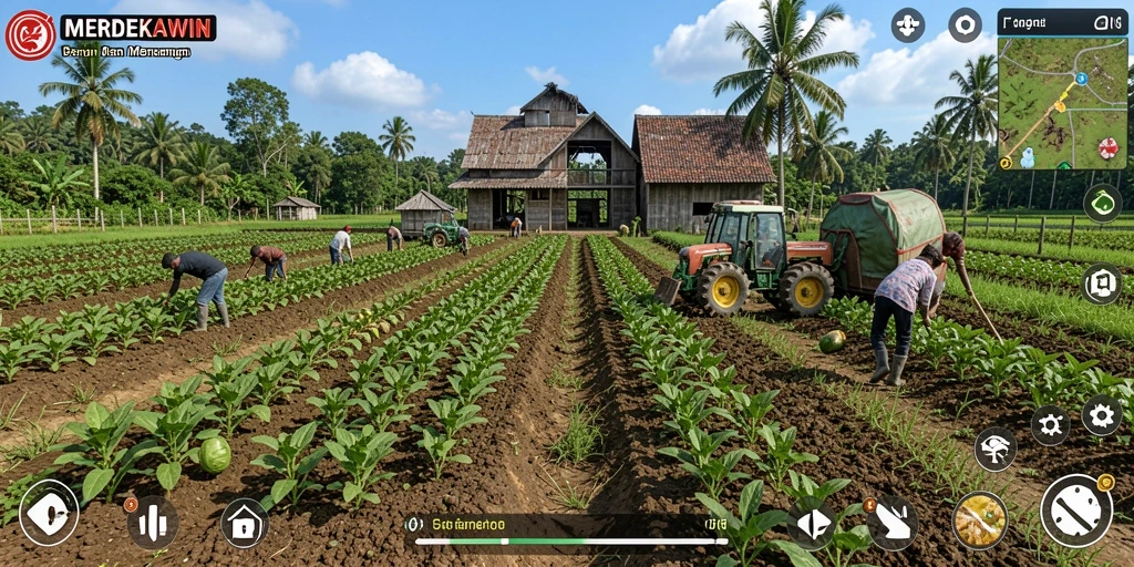 Tampilan gameplay <strong>MERDEKAWIN</strong> saat bertani dengan berbagai tanaman.