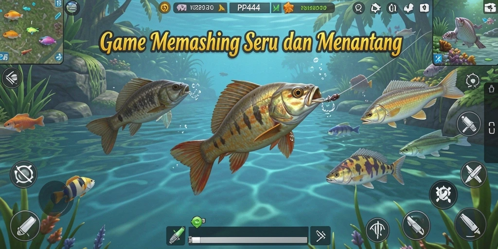 Screenshot PP444 menampilkan aksi memancing yang seru dengan berbagai ikan.